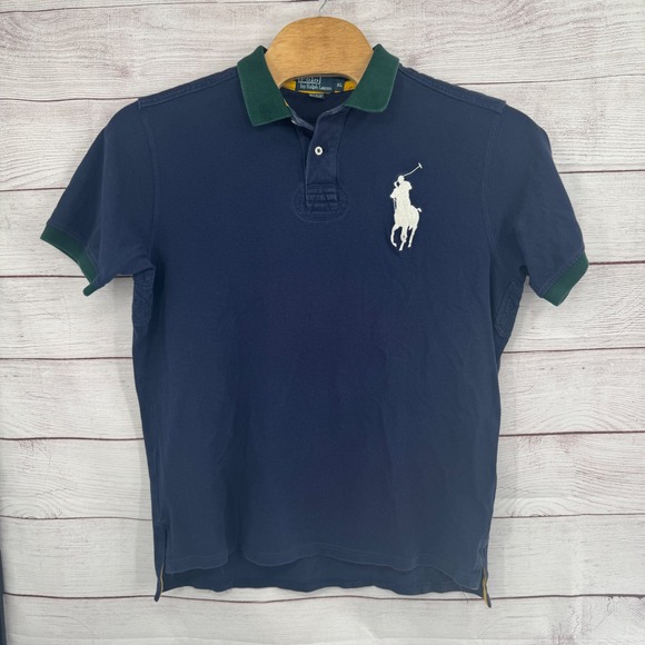 Polo Ralph Lauren Polo Shirt‎ Mens XL Big Pony Logo Blue Green Trim Vintage - Picture 1 of 10